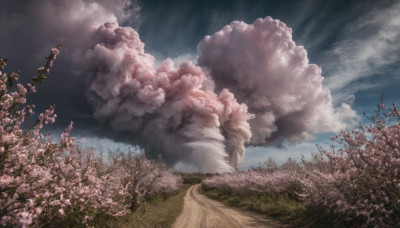 outdoors, sky, day, cloud, tree, no humans, cloudy sky, grass, cherry blossoms, scenery, road, field, path