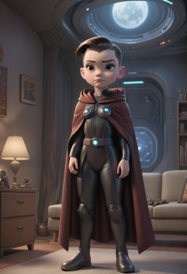 1girl,solo,looking at viewer,short hair,brown hair,black hair,1boy,brown eyes,standing,full body,male focus,boots,indoors,cape,black eyes,lips,bodysuit,moon,aged down,child,couch,cloak,science fiction,realistic,black bodysuit,red cape,female child,lamp,male child,animification,superhero,closed mouth,belt,armor,book,night,serious,portrait (object)