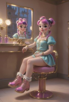 1girl,solo,long hair,breasts,looking at viewer,blush,smile,bangs,hair ornament,dress,twintails,jewelry,sitting,closed mouth,full body,pink hair,purple hair,short sleeves,multicolored hair,earrings,small breasts,boots,puffy sleeves,indoors,necklace,hair bun,black eyes,high heels,bracelet,two-tone hair,puffy short sleeves,lips,fur trim,double bun,makeup,blue dress,chair,drill hair,short dress,lipstick,twin drills,high heel boots,hair rings,reflection,mirror,pink footwear,bangle,lamp,stool,fur-trimmed boots,aqua dress,multiple girls,2girls,shadow,bottle