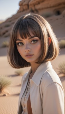 1girl,solo,looking at viewer,smile,short hair,bangs,brown hair,shirt,black hair,brown eyes,white shirt,upper body,outdoors,parted lips,open clothes,teeth,day,collared shirt,artist name,signature,blurry,lips,looking to the side,eyelashes,dress shirt,depth of field,blurry background,bob cut,ground vehicle,motor vehicle,pink lips,realistic,nose,desert,breasts,small breasts,sky,blunt bangs,from side,open shirt,makeup,sunlight,unbuttoned