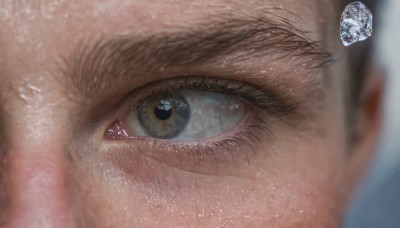 solo,looking at viewer,blue eyes,1boy,male focus,blurry,eyelashes,depth of field,blurry background,gem,close-up,1other,reflection,realistic,eye focus