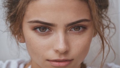 1girl,solo,looking at viewer,short hair,brown hair,brown eyes,jewelry,closed mouth,earrings,artist name,mole,blurry,lips,eyelashes,watermark,piercing,portrait,close-up,freckles,realistic,nose,mole on cheek