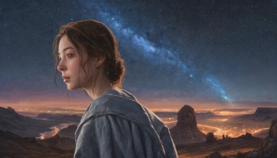 1girl,solo,short hair,brown hair,brown eyes,jewelry,upper body,earrings,outdoors,sky,hair bun,lips,profile,night,single hair bun,star (sky),night sky,scenery,starry sky,rock,mountain,realistic,nose,looking afar,from side,shooting star