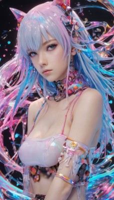 1girl,solo,long hair,breasts,looking at viewer,bangs,blue eyes,hair ornament,animal ears,cleavage,bare shoulders,jewelry,medium breasts,closed mouth,blue hair,collarbone,upper body,pink hair,multicolored hair,earrings,parted lips,cat ears,collar,covered nipples,lips,see-through,gradient hair,fake animal ears,headgear,black background,armlet,camisole,science fiction,pink lips,realistic,nose,android,underwear,shiny,artist name,bra,from side,looking to the side,eyelashes,makeup,expressionless,white bra