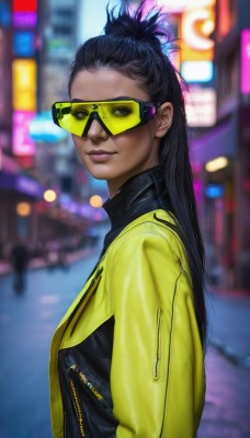 1girl,solo,long hair,breasts,looking at viewer,smile,black hair,closed mouth,jacket,upper body,outdoors,glasses,dark skin,blurry,from side,dark-skinned female,lips,makeup,depth of field,blurry background,sunglasses,zipper,realistic,nose,yellow jacket,tinted eyewear,dreadlocks,hair ornament,night,feathers,city,road,cyberpunk