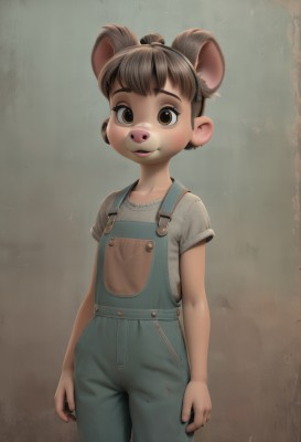 1girl,solo,looking at viewer,blush,smile,short hair,open mouth,bangs,brown hair,shirt,1boy,animal ears,brown eyes,standing,white shirt,short sleeves,male focus,cowboy shot,hairband,artist name,signature,flat chest,child,grey shirt,furry,brown background,mouse ears,furry female,arms at sides,overalls,male child,buck teeth,lips,t-shirt,extra ears,blue overalls