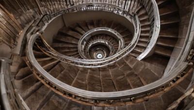 indoors,blurry,no humans,from above,scenery,reflection,wooden floor,stairs,pillar,gears,solo,science fiction,fantasy,brown theme