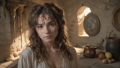 1girl,solo,long hair,breasts,looking at viewer,brown hair,black hair,cleavage,brown eyes,medium breasts,closed mouth,collarbone,upper body,weapon,food,indoors,lips,wet,blood,fruit,wavy hair,sunlight,messy hair,freckles,curly hair,blood on face,realistic,nose,fantasy,apple,candle,wall,dirty,portrait,injury