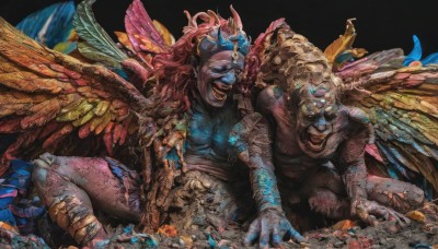 1girl,long hair,open mouth,1boy,sitting,pink hair,wings,horns,teeth,torn clothes,colored skin,feathers,black background,feathered wings,claws,monster,blue skin,giant,multiple wings,smile,simple background,closed eyes,male focus,red hair,multiple boys,2boys,fingernails,crown,spread wings,multiple heads