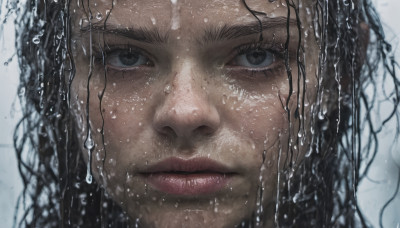 1girl, solo, long hair, looking at viewer, black hair, closed mouth, water, black eyes, lips, wet, eyelashes, portrait, close-up, water drop, realistic, nose, wet hair