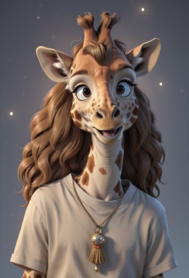 1girl,solo,long hair,looking at viewer,smile,open mouth,simple background,brown hair,shirt,animal ears,brown eyes,jewelry,white shirt,upper body,short sleeves,teeth,artist name,grey background,necklace,fangs,wavy hair,furry,curly hair,furry female,antlers,gradient,gradient background,monster girl,t-shirt,grey shirt,snout