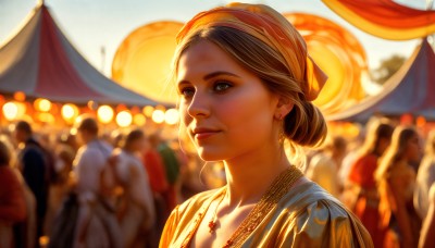 HQ,1girl,looking at viewer,brown hair,brown eyes,jewelry,closed mouth,upper body,earrings,outdoors,solo focus,necklace,hair bun,blurry,lips,depth of field,blurry background,single hair bun,portrait,lantern,realistic,nose,paper lantern,crowd,festival,solo,hairband,backlighting