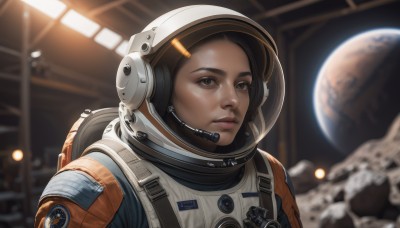 1girl,solo,looking at viewer,brown hair,black hair,brown eyes,upper body,indoors,dark skin,blurry,dark-skinned female,lips,blurry background,helmet,science fiction,realistic,nose,space,planet,spacesuit,space helmet,astronaut,hair ornament,hairclip,looking away,moon,backpack,portrait,headset,looking afar,earth (planet),spacecraft