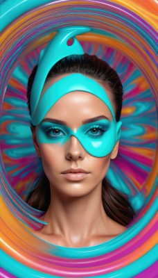 1girl,solo,long hair,looking at viewer,blue eyes,brown hair,black hair,brown eyes,jewelry,closed mouth,collarbone,earrings,dark skin,dark-skinned female,lips,eyelashes,makeup,mask,portrait,eyeshadow,realistic,nose,multicolored hair,reflection