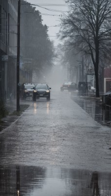 outdoors,sky,cloud,tree,no humans,cloudy sky,ground vehicle,building,scenery,motor vehicle,reflection,rain,sign,car,road,vehicle focus,power lines,lamppost,bare tree,street,utility pole,road sign,puddle,fog,grey sky,water,window,night,city,realistic,traffic light,overcast,sidewalk