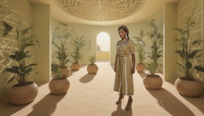 1girl,solo,long hair,looking at viewer,black hair,dress,brown eyes,jewelry,standing,full body,short sleeves,earrings,barefoot,indoors,dark skin,dark-skinned female,shadow,sandals,sunlight,plant,walking,anklet,arms at sides,potted plant,wide shot,cactus,braid,sash,brown footwear