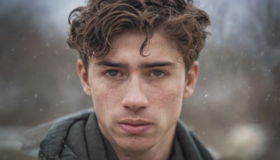 solo,looking at viewer,short hair,brown hair,1boy,brown eyes,closed mouth,jacket,male focus,outdoors,blurry,lips,depth of field,blurry background,portrait,snow,curly hair,snowing,realistic,parted lips,blood,close-up