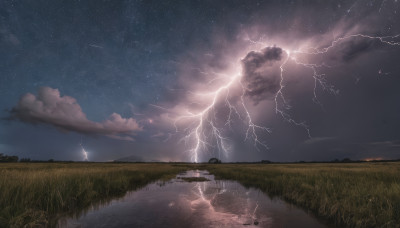 outdoors, sky, cloud, water, no humans, night, cloudy sky, grass, star (sky), night sky, scenery, starry sky, reflection, electricity, lightning, shooting star