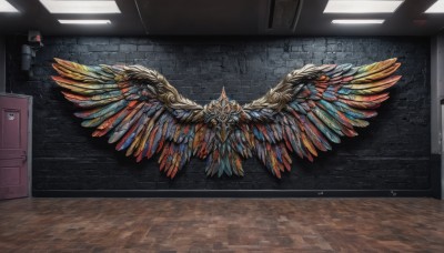 wings,indoors,no humans,scenery,feathered wings,door,multiple wings,glowing,feathers,wooden floor,tiles,wall,tile floor,brick wall,tile wall,spread wings