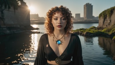 1girl,solo,long hair,breasts,looking at viewer,brown hair,shirt,black hair,long sleeves,cleavage,brown eyes,jewelry,medium breasts,closed mouth,upper body,earrings,outdoors,day,water,necklace,mole,black eyes,lips,black shirt,no bra,makeup,sunlight,building,messy hair,scenery,mole under mouth,breasts apart,pendant,reflection,curly hair,hoop earrings,realistic,nose,sun,red lips,ruins,river,lake,reflective water,parted lips,sky,medium hair,black dress,lipstick,backlighting,sunset,sunrise