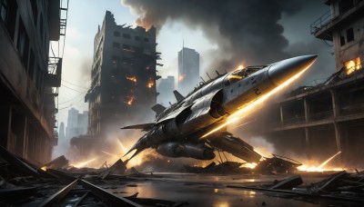 HQ,outdoors,sky,cloud,signature,military,no humans,fire,building,smoke,flying,science fiction,city,realistic,aircraft,military vehicle,airplane,battle,explosion,ruins,vehicle focus,damaged,debris,jet,burning,destruction,missile,fighter jet,scenery,sparks