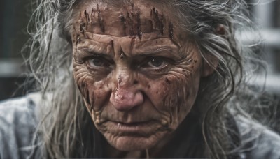 solo,long hair,looking at viewer,1boy,closed mouth,white hair,male focus,blurry,lips,grey eyes,blurry background,messy hair,portrait,realistic,labcoat,old,grey hair,facial hair,scar,close-up,serious,old man,wrinkled skin