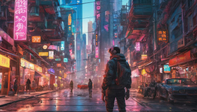 short hair, jacket, outdoors, multiple boys, solo focus, pants, bag, from behind, night, backpack, ground vehicle, building, scenery, motor vehicle, science fiction, 6+boys, city, sign, car, road, cityscape, street, cyberpunk, neon lights, vanishing point