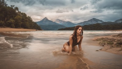 1girl,solo,long hair,breasts,brown hair,cleavage,brown eyes,ass,outdoors,sky,day,cloud,water,tree,lips,wet,kneeling,bottomless,ocean,beach,cloudy sky,tank top,nature,scenery,partially submerged,mountain,realistic,river,collarbone,swimsuit,bikini,small breasts,barefoot,one-piece swimsuit,all fours,forest,sand,black one-piece swimsuit,landscape