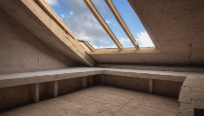 outdoors,sky,day,cloud,indoors,blue sky,no humans,window,shadow,sunlight,cloudy sky,scenery,wooden floor,wall,hallway,building,ruins