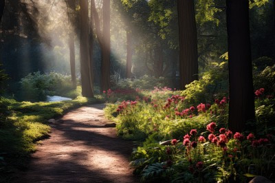 flower,outdoors,day,water,tree,no humans,sunlight,grass,plant,red flower,nature,scenery,forest,light rays,rock,road,bush,sunbeam,dappled sunlight,river,path,moss