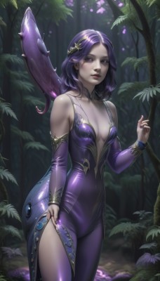 1girl,solo,long hair,breasts,looking at viewer,bangs,hair ornament,dress,cleavage,bare shoulders,jewelry,medium breasts,standing,purple eyes,collarbone,purple hair,cowboy shot,small breasts,outdoors,parted lips,detached sleeves,wings,medium hair,nail polish,tree,lips,bodysuit,covered navel,makeup,ring,lipstick,nature,skin tight,purple dress,side slit,forest,realistic,nose,purple nails,mushroom,shiny,artist name,signature,shiny hair,watermark,plant,web address,shiny clothes,long dress