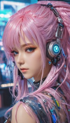 megurine luka,1girl,solo,long hair,looking at viewer,bangs,blue eyes,bare shoulders,jewelry,upper body,ponytail,pink hair,shiny,looking back,artist name,from behind,blurry,lips,eyelashes,makeup,blurry background,headphones,portrait,close-up,eyeshadow,headset,realistic,nose,mascara,closed mouth,sidelocks,earrings,sleeveless,collar,depth of field,expressionless,cable