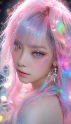 1girl,solo,long hair,looking at viewer,bangs,blue eyes,bare shoulders,jewelry,closed mouth,upper body,pink hair,multicolored hair,earrings,artist name,blurry,from side,lips,grey eyes,eyelashes,makeup,piercing,ear piercing,portrait,light particles,eyeshadow,realistic,nose,red lips,shiny,pink eyes,looking to the side,sparkle,watermark,gem,close-up,pink lips,rainbow hair