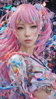 1girl,solo,long hair,looking at viewer,bangs,blue eyes,twintails,jewelry,upper body,pink hair,lips,makeup,science fiction,realistic,nose,android,cable,mechanical parts,hair ornament,braid,earrings,parted lips,mole,blurry,eyelashes,mole under eye,facial mark,bubble