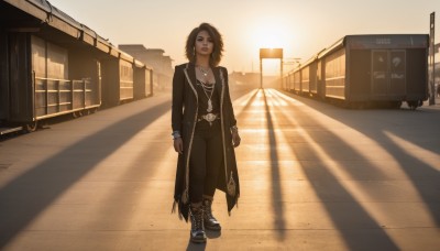 1girl,solo,long hair,breasts,looking at viewer,short hair,brown hair,black hair,long sleeves,cleavage,brown eyes,jewelry,medium breasts,closed mouth,standing,jacket,full body,earrings,boots,outdoors,open clothes,solo focus,belt,pants,medium hair,necklace,black footwear,bracelet,lips,coat,black jacket,makeup,shadow,chain,brown footwear,black pants,sunlight,ground vehicle,building,scenery,motor vehicle,buckle,cross-laced footwear,backlighting,walking,sunset,open coat,black coat,belt buckle,city,realistic,nose,arms at sides,lace-up boots,road,brown pants,lamppost,long coat,street,pendant