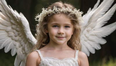 1girl,solo,long hair,looking at viewer,smile,blue eyes,blonde hair,brown hair,hair ornament,dress,bare shoulders,closed mouth,upper body,flower,wings,sleeveless,white dress,blurry,lips,grey eyes,feathered wings,angel wings,realistic,white wings,angel,head wreath,brown eyes,portrait