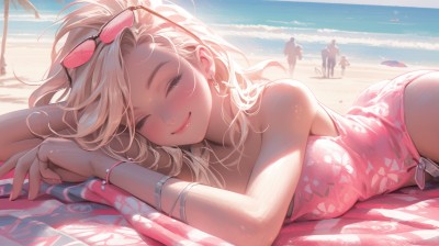 mercy (overwatch),1girl,long hair,breasts,blush,smile,multiple girls,blonde hair,cleavage,bare shoulders,jewelry,medium breasts,closed mouth,swimsuit,closed eyes,ass,heart,bikini,earrings,outdoors,lying,multiple boys,solo focus,day,belt,water,nail polish,bracelet,tree,lips,fingernails,one-piece swimsuit,eyelashes,ocean,umbrella,on side,beach,floral print,sunlight,sunglasses,on stomach,towel,eyewear on head,long fingernails,pink lips,sand,palm tree,bangle,shade,tinted eyewear,casual one-piece swimsuit,beach umbrella,beach towel,pink one-piece swimsuit,bangs,ponytail,sky,blue sky,pink dress,facing viewer,silhouette