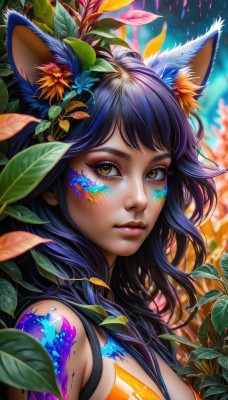 1girl,solo,long hair,breasts,looking at viewer,bangs,black hair,hair ornament,animal ears,bare shoulders,medium breasts,closed mouth,blue hair,yellow eyes,upper body,purple hair,flower,outdoors,artist name,cat ears,hair flower,blurry,from side,lips,fox ears,eyelashes,tattoo,makeup,depth of field,blurry background,leaf,facial mark,plant,lipstick,portrait,eyeshadow,freckles,pink lips,nose,red lips,eyeliner,whisker markings,facepaint,mascara,brown eyes,animal ear fluff,watermark,tank top,close-up,blue flower,colorful,paint splatter