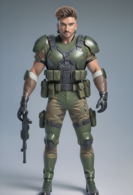 solo,looking at viewer,brown hair,gloves,1boy,holding,brown eyes,full body,weapon,male focus,boots,holding weapon,armor,gun,military,facial hair,bandages,holding gun,rifle,realistic,assault rifle,knee pads,camouflage,elbow pads,short hair,standing,dark skin,muscular,beard,pouch,bandaged arm