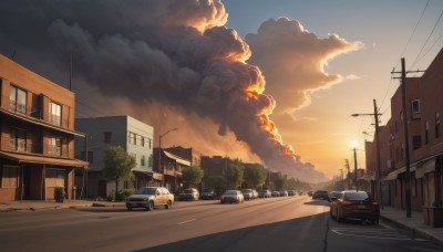 outdoors,sky,cloud,tree,no humans,window,cloudy sky,fire,ground vehicle,building,scenery,motor vehicle,smoke,sunset,city,car,road,explosion,house,vehicle focus,power lines,lamppost,street,utility pole,truck,twilight,evening,traffic light,crosswalk,vanishing point