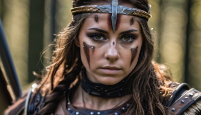 1girl,solo,long hair,looking at viewer,brown hair,brown eyes,jewelry,closed mouth,yellow eyes,weapon,choker,necklace,armor,blurry,lips,eyelashes,blurry background,polearm,shoulder armor,portrait,close-up,freckles,pauldrons,realistic,nose,facepaint,tribal,headband,serious