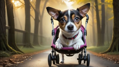 HQ,solo,looking at viewer,brown eyes,sitting,outdoors,blurry,collar,tree,no humans,blurry background,animal,nature,forest,dog,realistic,animal focus,autumn,wheelchair,day,leaf,sunlight,animal collar,bicycle