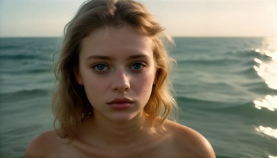 HQ,1girl,solo,long hair,looking at viewer,blue eyes,blonde hair,brown hair,collarbone,upper body,nude,outdoors,parted lips,day,medium hair,water,blurry,lips,blurry background,ocean,beach,portrait,freckles,realistic,nose,bare shoulders,sky,eyelashes,sunlight,backlighting,horizon