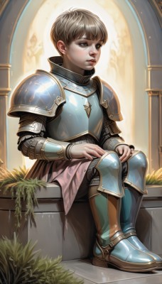 solo,short hair,bangs,brown hair,1boy,brown eyes,sitting,closed mouth,full body,male focus,boots,parted lips,artist name,indoors,armor,lips,looking away,plant,shoulder armor,gauntlets,pauldrons,breastplate,nose,vambraces,armored boots,greaves,faulds,knight,plate armor,gloves,teeth