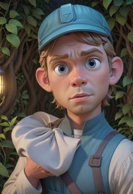 solo,looking at viewer,short hair,blue eyes,blonde hair,brown hair,shirt,long sleeves,1boy,hat,holding,closed mouth,white shirt,upper body,male focus,outdoors,tree,night,facial hair,leaf,thick eyebrows,plant,child,nature,blue headwear,forest,freckles,lantern,realistic,male child,hand up,lips,portrait,nose