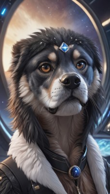 solo,looking at viewer,brown eyes,jewelry,upper body,male focus,sky,artist name,signature,necklace,vest,collar,fur trim,no humans,animal,looking up,gem,portrait,star (sky),furry,pendant,starry sky,fur collar,realistic,animal focus,whiskers,blue gemstone,black fur,closed mouth,jacket,yellow eyes,blurry,blurry background,close-up,dog