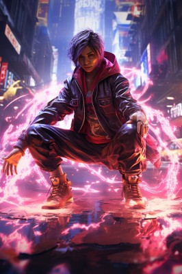 1girl,solo,looking at viewer,smile,short hair,gloves,1boy,jewelry,jacket,male focus,boots,open clothes,shoes,pants,dark skin,hood,fingerless gloves,necklace,blurry,open jacket,dark-skinned female,black jacket,hoodie,tattoo,blurry background,glowing,squatting,dark-skinned male,ring,hood down,fire,building,sneakers,motor vehicle,reflection,city,car,leather,neck tattoo,dreadlocks,blue hair,full body,outdoors,night,realistic,cyberpunk,neon lights