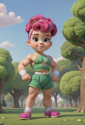 1girl,looking at viewer,smile,short hair,blue eyes,multiple girls,brown hair,shirt,1boy,standing,full body,pink hair,flower,outdoors,multiple boys,sky,shoes,shorts,solo focus,day,cloud,tree,blue sky,lips,muscular,bandages,grass,child,nature,clenched hands,forest,green shirt,pink footwear,muscular female,female child,male child,green shorts,socks,artist name