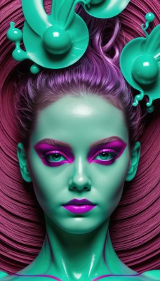 1girl,solo,long hair,looking at viewer,hair ornament,closed mouth,green eyes,collarbone,pink hair,purple hair,shiny,signature,aqua eyes,lips,eyelashes,makeup,colored skin,thick eyebrows,lipstick,portrait,eyeshadow,nose,eyeliner,green skin,purple lips,mascara,blue eyes,artist name,watermark,expressionless,web address,purple skin