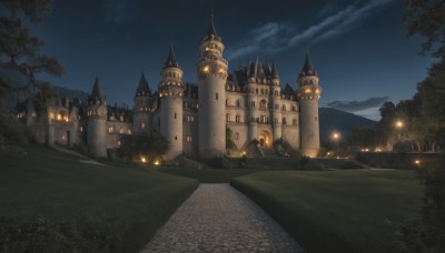 outdoors,sky,cloud,tree,no humans,night,grass,building,star (sky),nature,night sky,scenery,forest,starry sky,mountain,road,lamppost,castle,tower,path,signature,fantasy,bush,dark,hill